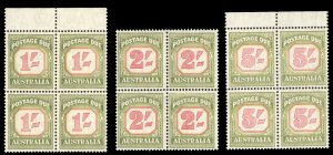 Australia #J81-83 Cat$164, 1953-54 Postage Dues, set of three in blocks of fo...