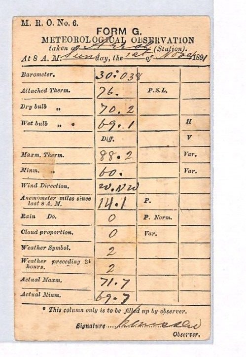 INDIA QV Official Stationery Card *ARRAH STATION* 1891 METEOROLOGY Report PJ290