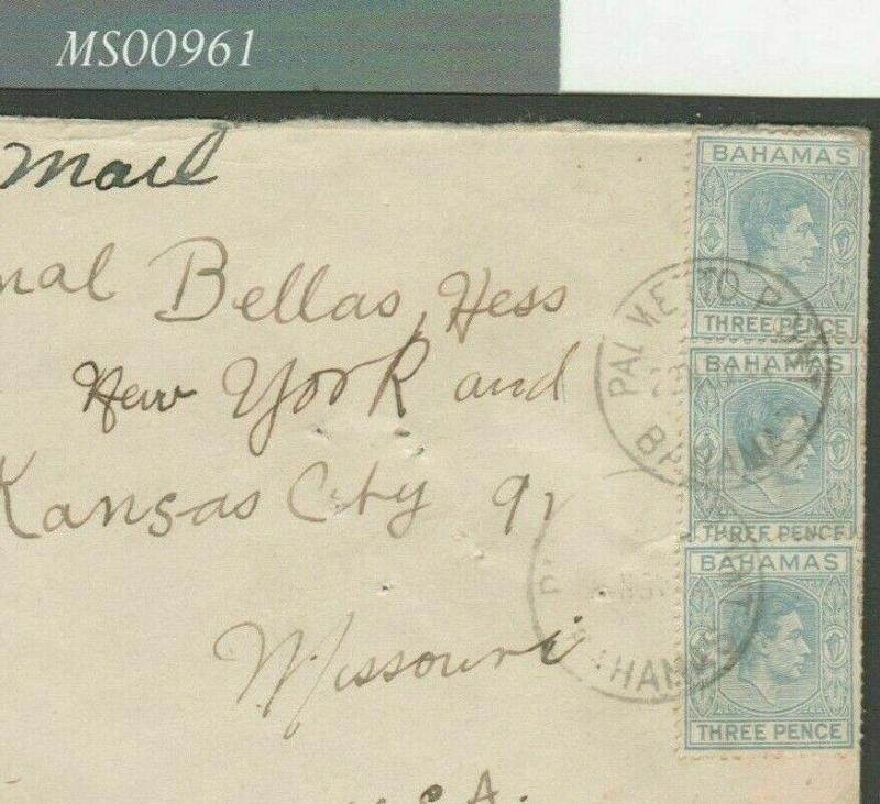 MS961 BAHAMAS WW2 Cover *Palmetto Point* CDS 9d Rate 1944 Air Mail Kansas USA