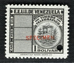 TELEGRAPH Stamp 1B VENEZUELA ABNCo SPECIMEN Mint UMM MNH ex Collection YELLOW435