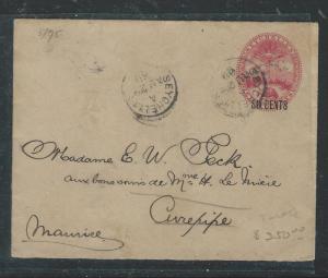 SEYCHELLES (P0406B) 1900 TURTLE PSE 6C SURCH TO MAURITIUS, BACK STAMPED