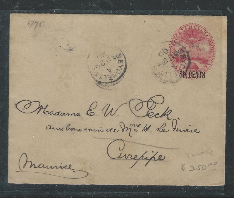 SEYCHELLES (P0406B) 1900 TURTLE PSE 6C SURCH TO MAURITIUS, BACK STAMPED