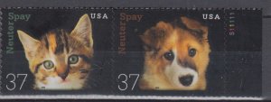 (A) USA #3670-3671 Neuter and Spay  Strip of 2 Stamps MNH