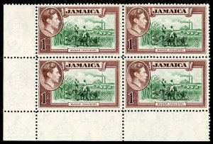 Jamaica 1938 KGVI 1s block of four with REPAIRED CHIMNEY var VFM. SG 130,130a.