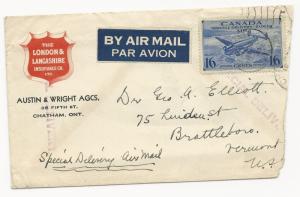 Canada Scott #CE1 on Trade Cover Special Delivery Air Mail 1943 Insurance Co.