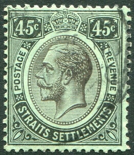 STRAITS SETTLEMENTS-1914 45c Black/Green white back Sg 208 FINE USED V50199