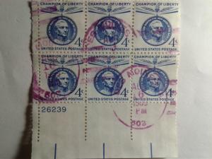 SCOTT # 1125 USED PLATE BLOCK OF 6 CHAMPION OF LIBERTY ISSUE 1959