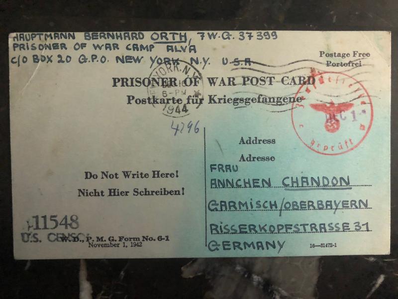 1944 Camp Alva Oklahoma USA  German POW Camp Postcard Cover to Germany B Orth