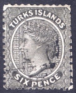 Turks Islands 1867 6d Black NoWmk Perf 11.5x11.5-12.5 Scott 2 SG 2 FU Cat $140