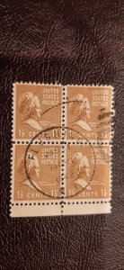 US Scott # 805; used 1 and 1/2c Martha W, 1938; blk of 4; F/VF centering