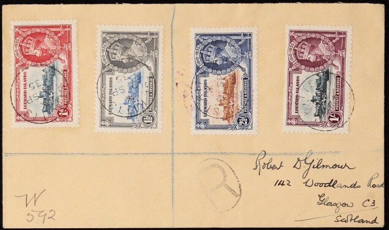 LEEWARD ISLANDS 1935 Registered cover franked KGV Silver Jubilee set. To Glasgow