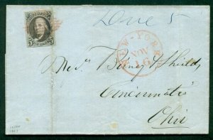 1847, 5¢ black brown tied by red diamond grid cancel to OHIO, NY side cancels