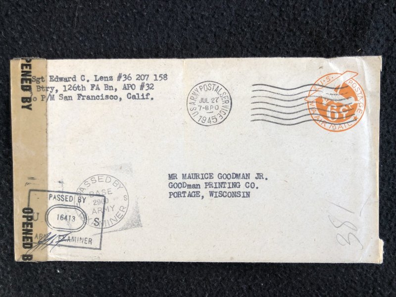 UC5 1945 US Army Postal Service Censored cover w 2 censor markings & tape