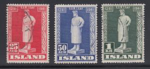 Iceland Sc 237-239 used 1941 Snorri Sturluson Statue complete, VF