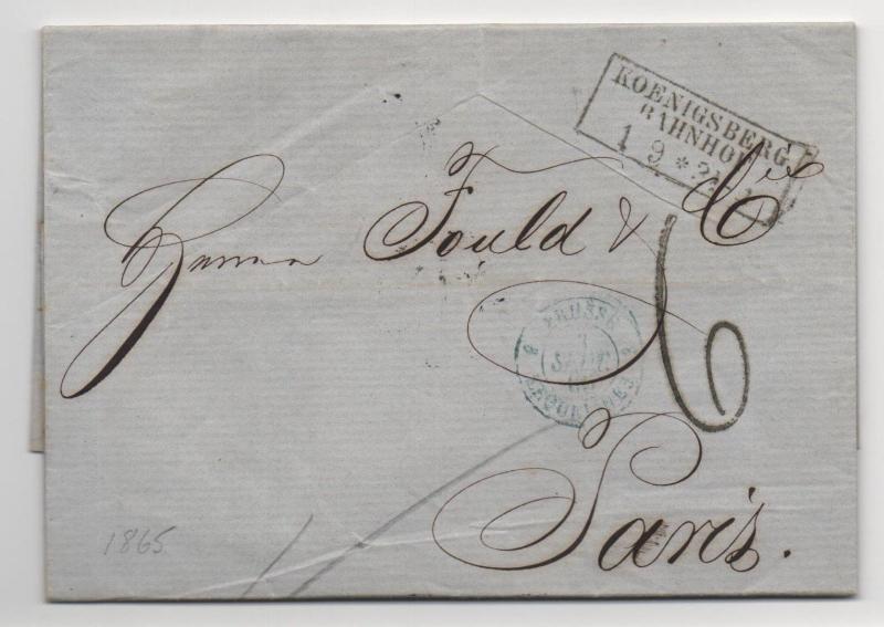 Stampless Cover Germany to Paris 1865 Koenigsberg Document Postal History