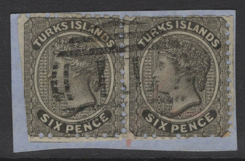 TURKS ISLANDS SG2 1867 6d BLACK USED PAIR ON PIECE
