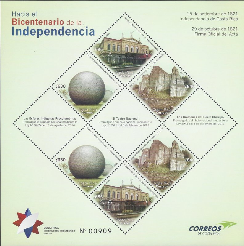 COSTA RICA BICENTENNIAL INDEPENDENCE,NATL THEATER,CRESTONES,SPHERES, MNH 2019