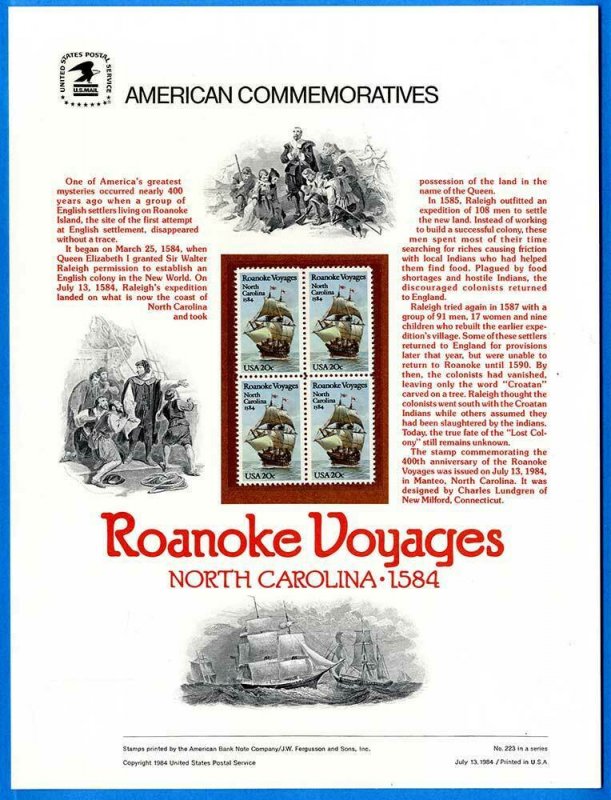 USPS COMMEMORATIVE PANEL #223 ROANOKE VOYAGES #2093