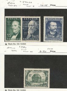 Austria Postage Stamp, #577-79, 580 Mint Hinged, 1951-52, DKZ
