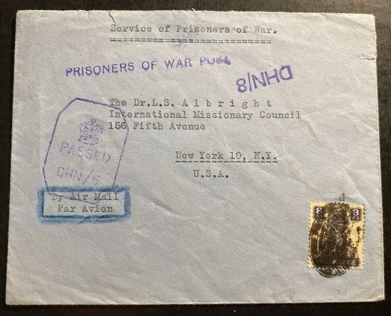 1940s Dehra Dun India POW Prisoner Of War Camp Cover to Missionary New York Usa