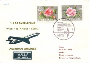 Austria Austrian Airlines Vienna to Beruit 1965 1st Flight Cover