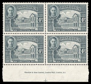 Jamaica 1946 KGVI 4½d slate Perf 13 WATERLOW & SONS Imprint block MNH. SG 137a.