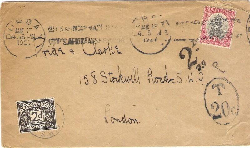 1927 Cover from Durban South Africa with GB 2d POSTAGE DUE & handstruck markings