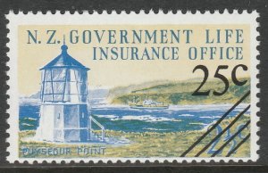 New Zealand 1969 25c O/P Government Life Insurance Lighthouse MNH