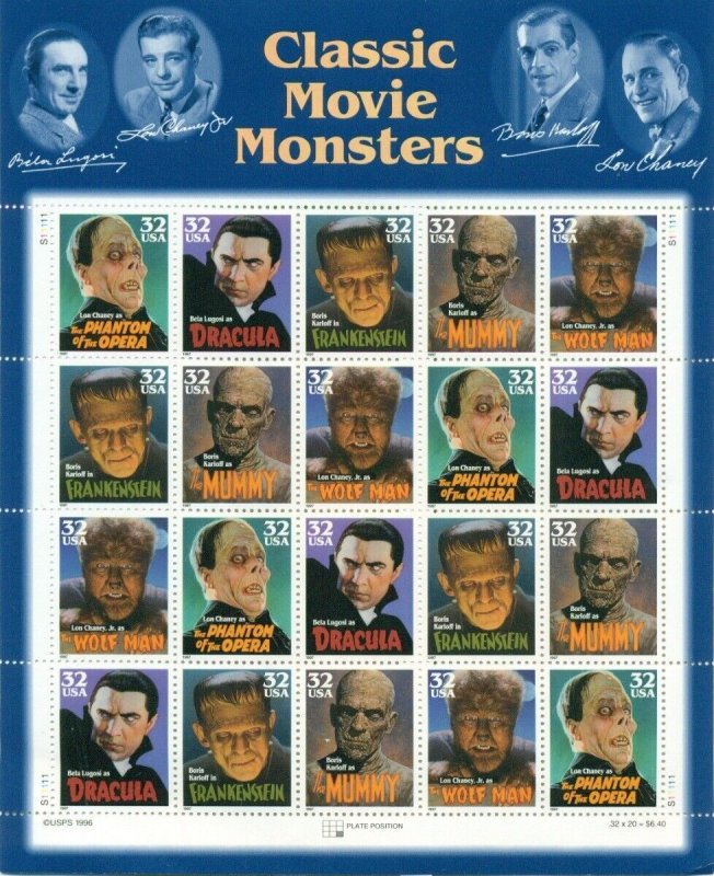 US: 1997 CLASSIC MOVIE MONSTERS; 32 Cents Values- Sc 3168-72 Mummy Dracula 
