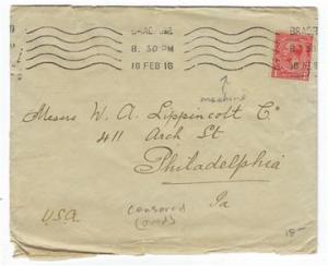 1916 Great Britain To USA WW1 Censored Cover - Machine Cancel - See Rev  (RR147)