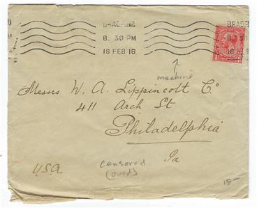 1916 Great Britain To USA WW1 Censored Cover - Machine Cancel - See Rev  (RR147)