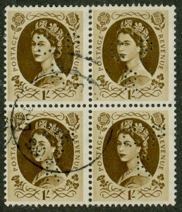 Great Britain 331 Used Block of Four, Perfin (flaw)