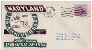 United States 1934 Cachet Cover Maryland 146th Anniversary