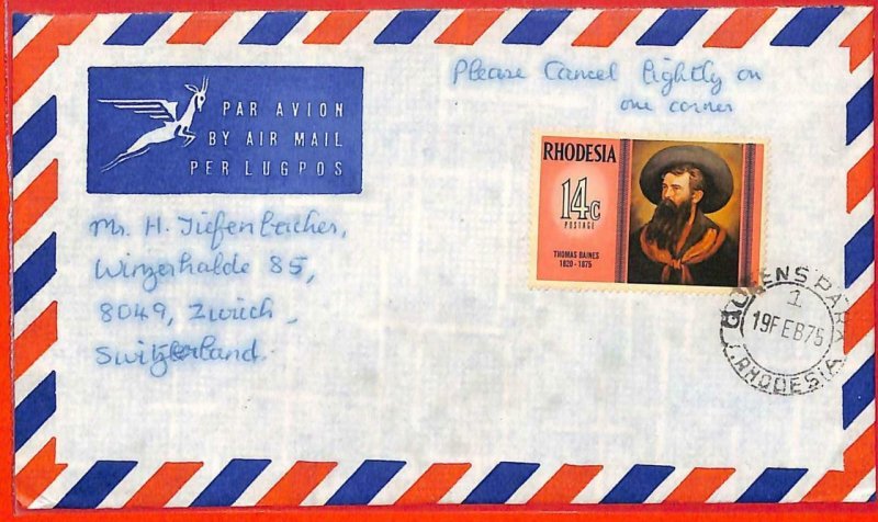 aa2363 - Rhodesia  - POSTAL HISTORY -  AIRMAIL COVER to SWITZERLAND  1975 Art