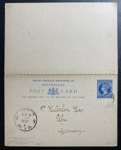 1894 Seychelles Postal Stationery Reply Postcard Cover To Ulm Germany