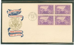 US 802 1937 3c Virgin Islands (part of the US Possession series) block of four on an unaddressed first day cover with a Plimpton