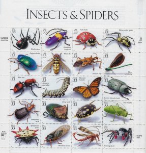 US #3351 1999 INSECTS AND SPIDERS - PANE OF 20 33 CENT STAMPS-MINT NEVER HINGED