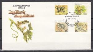 Australia, Scott cat. 785, 790, 795, 797. Frogs & Lizards. First Day Cover.