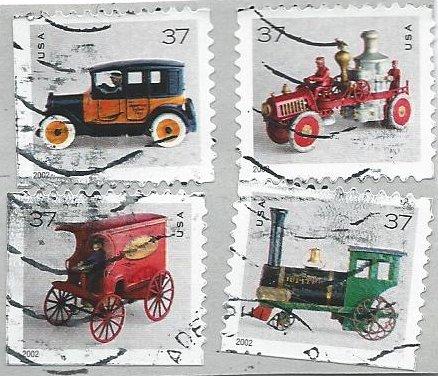 US 3642-5 (used on 1 piece) 37¢ antique toys (from booklet)