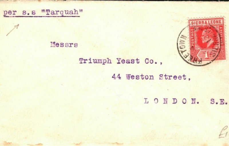 SIERRA LEONE Cover Per *SS Tarquah* Freetown GB London 1912 {samwells} PB352