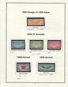 1934-1983 UNUSED AIRMAIL MINT SINGLES IN MOUNTS ON 12 ALBUM PAGES - SCV $73.00+