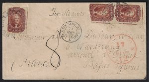 Scott #12 Fine – 3 copies on 1857 cover to Navarrenx, France. Showpiece!