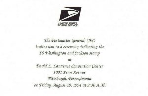 USPS First Day Ceremony Invitation #2592 Washington Jackson APS 1994 No Stamp