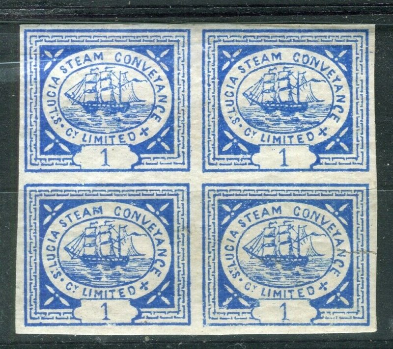 ST.LUCIA; 1872 classic Steam Conveyance Imperf issue Mint MNH 1d. Block of 4