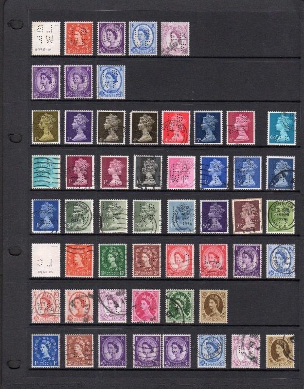 COLLECTION OF QE2 PERFINS ON DOUBLE-SIDED PAGE (PRE-DECIMAL & DECIMAL) 