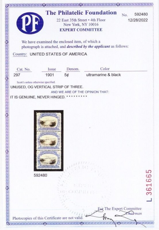 297, Mint VF NH 5¢ With PFC Certificate * Stuart Katz