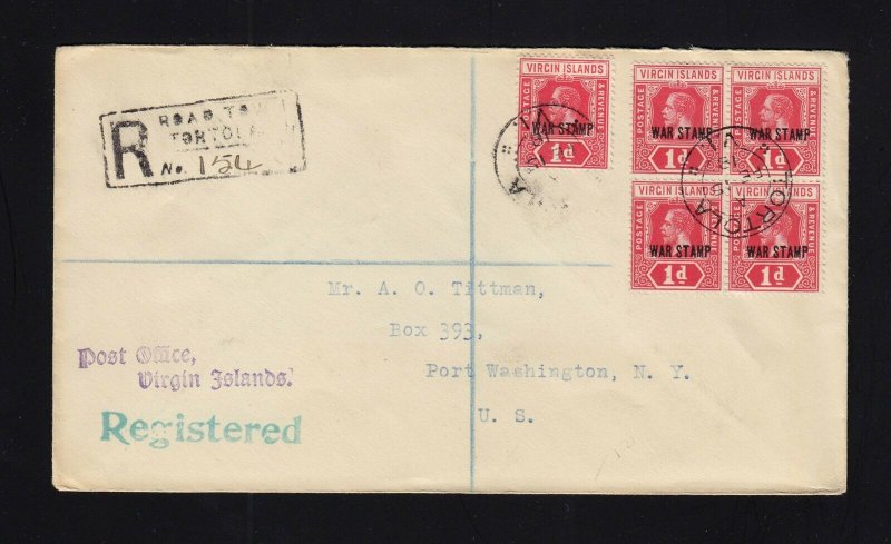 VIRGIN ISLANDS: 1919 Registered Cover to US - 1p WAR TAX X5