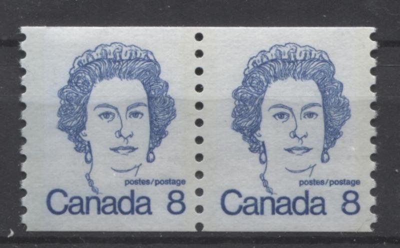 Canada #604viii 8c Royal Blue QE2 Caricature Coil Pair HF Paper Type 4 VF-75 NH