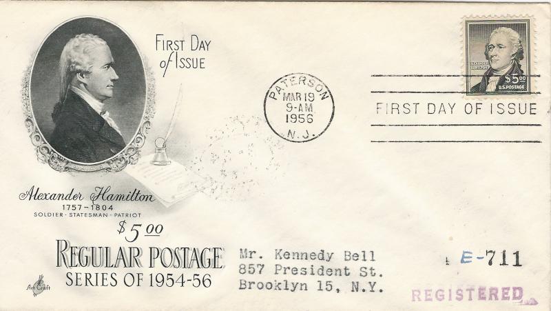 U.S., Scott #1053 First Day Cover, Sent Registered, Paterson, NJ, March 19, 1956