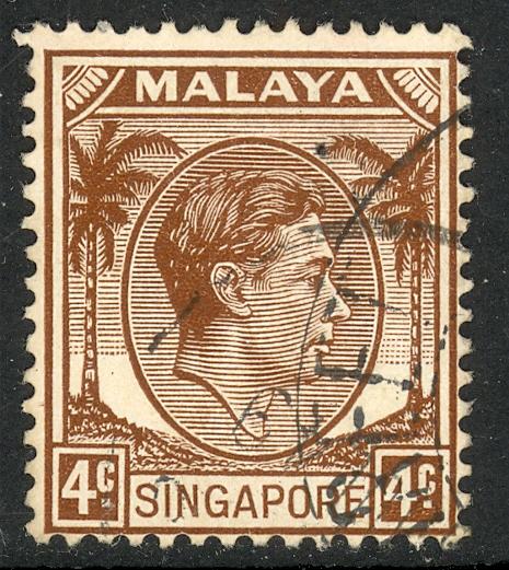 SINGAPORE 1948 KGVI 4c Chocolate P.14 Scott No. 4 VFU